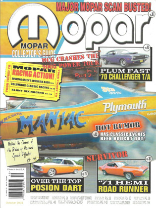 MOPAR COLLECTORS GUIDE 2005 OCT - PLUM '70 CHALL T/A, DART, '71 HEMI RR, MANIAC
